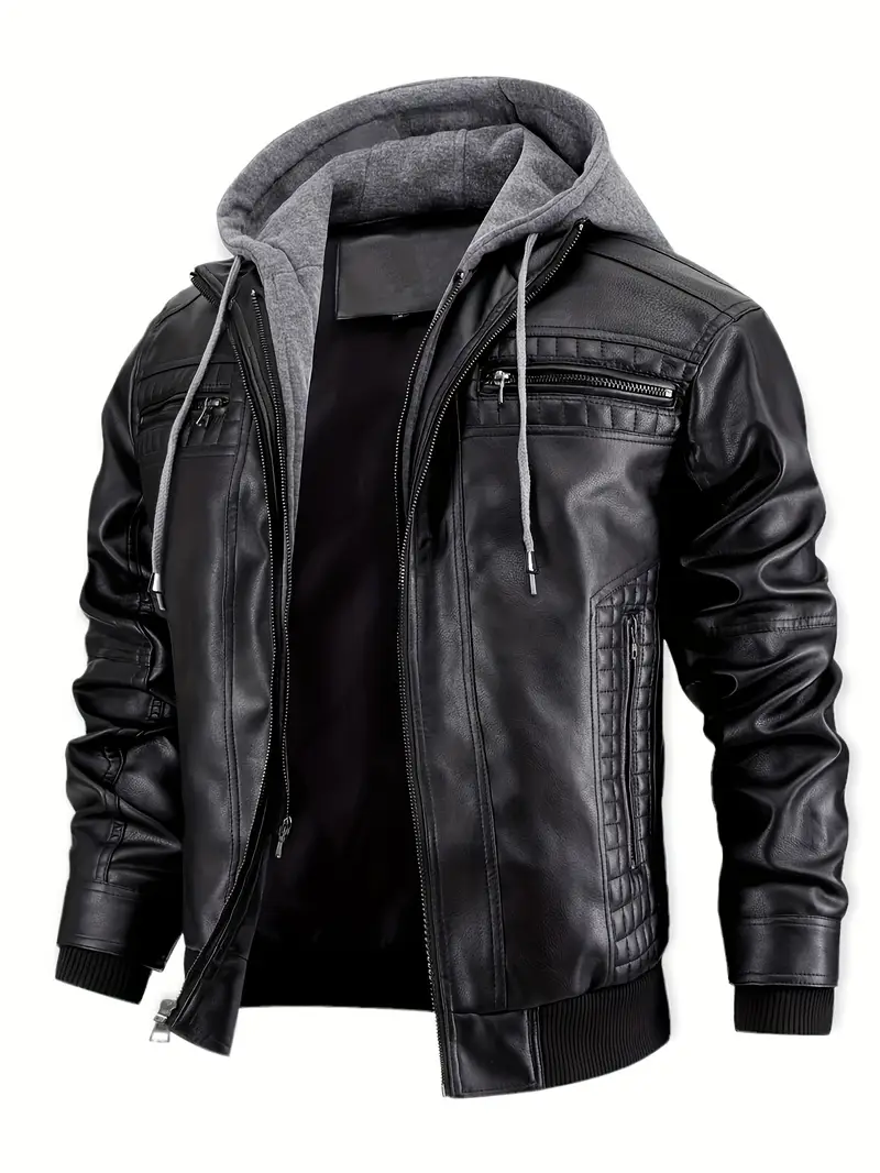 Men's Casual Stand Collar PU Leather Motorcycle Bomber Jacket with Removable Hood