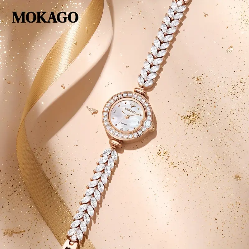 Elegant Rose Golden-Tone Crystal Fishtail Bracelet Watch