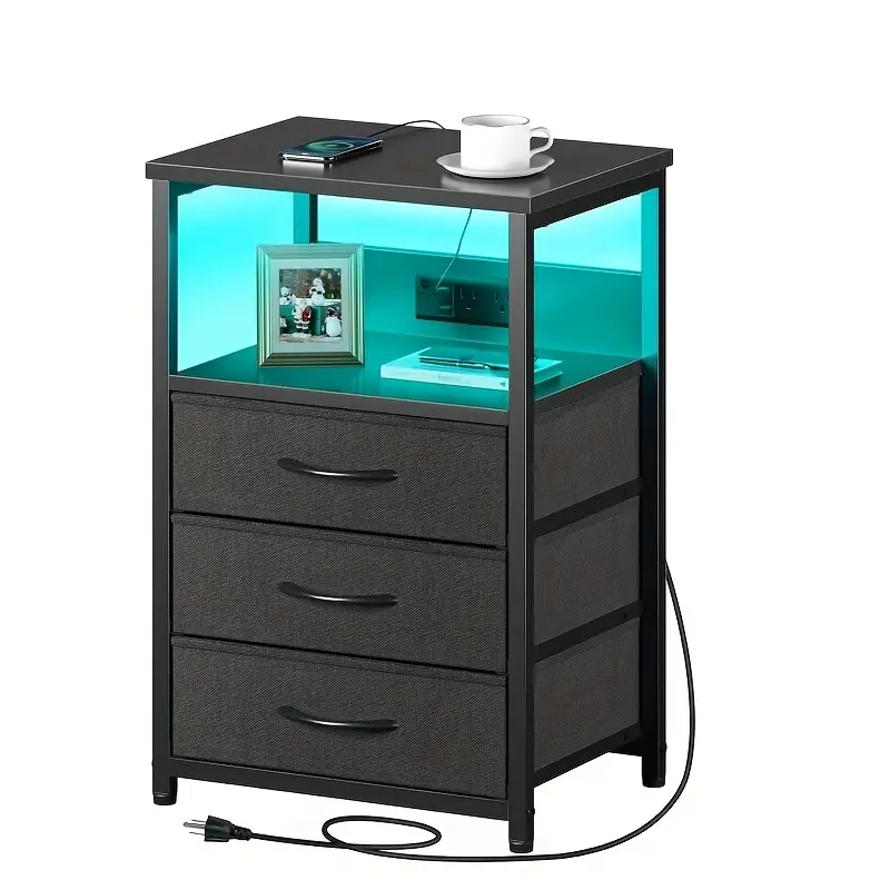 Charging Nightstand with Fabric Drawers, LED & USB