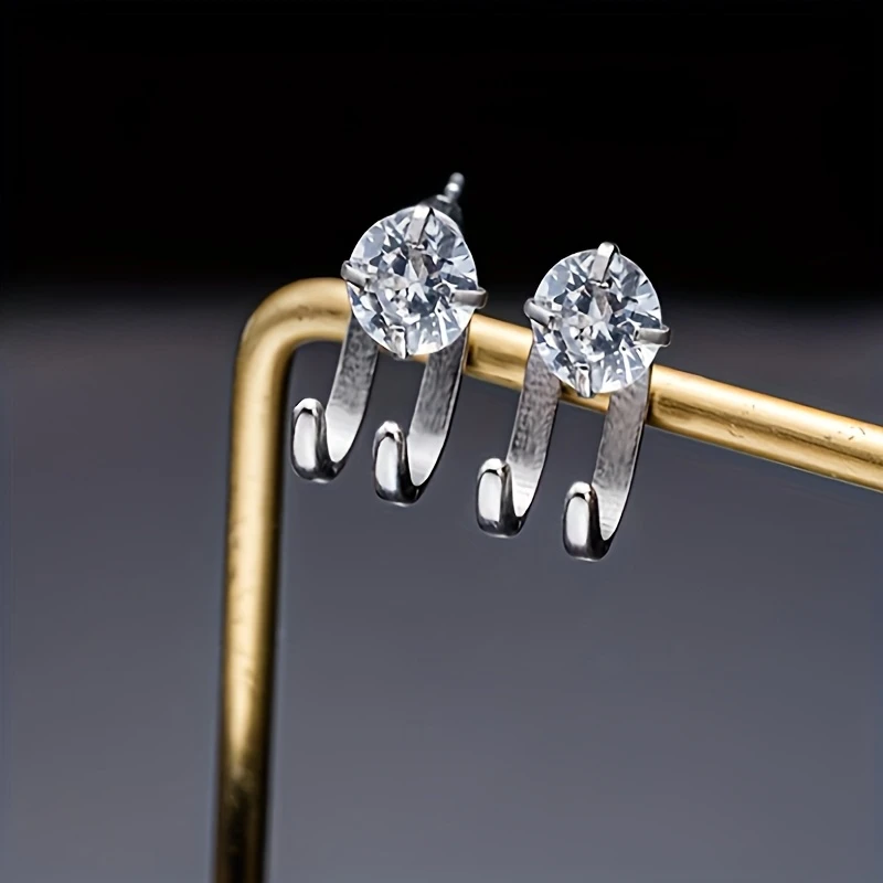 Titanium Steel CZ Stud Earrings for Men – 2pcs U-Shape Hip-Hop Style - Image 3