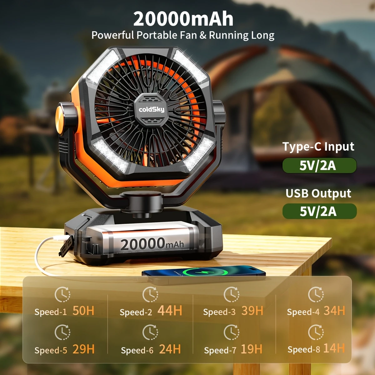 Portable Camping Fan with LED Lights & Remote | 20000mAh Battery - Image 2