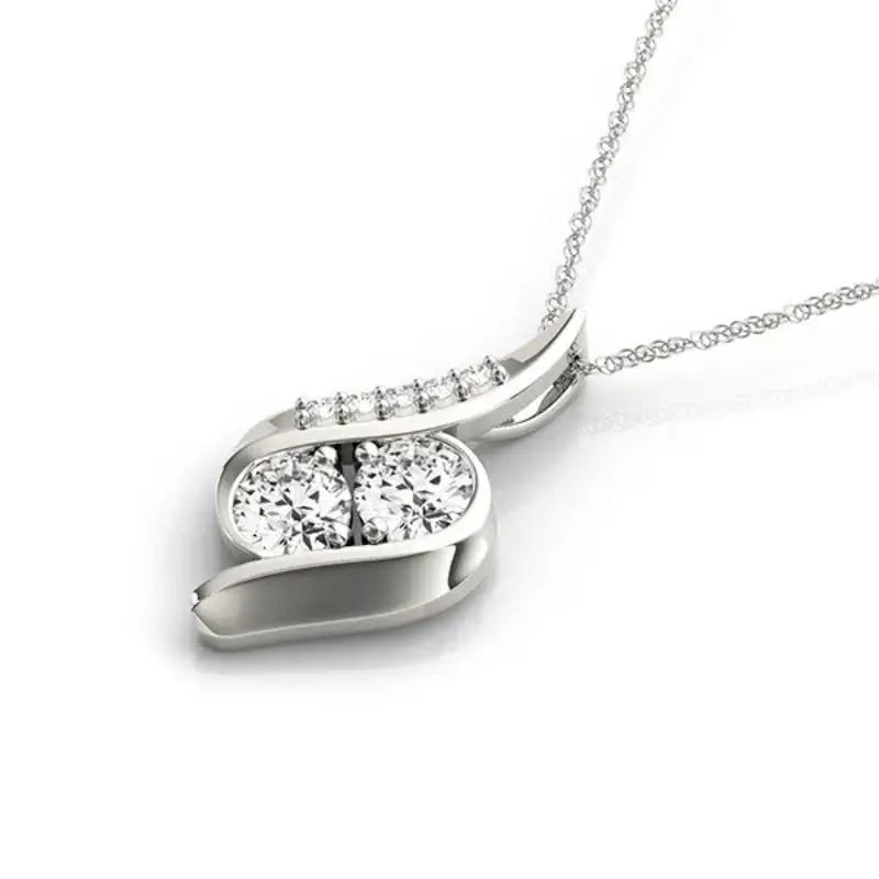 Two-Stone Curved Pendant Necklace – 14K White Gold-Tone Elegance - Image 3