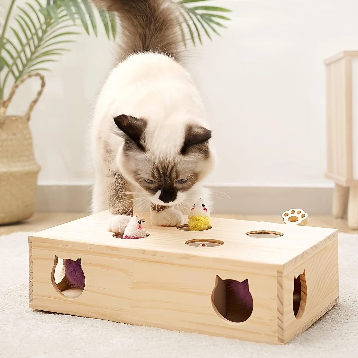 MEWOOFun Interactive Wooden Cat Toy – Whack-a-Mole Style with 4 Mice - Image 3